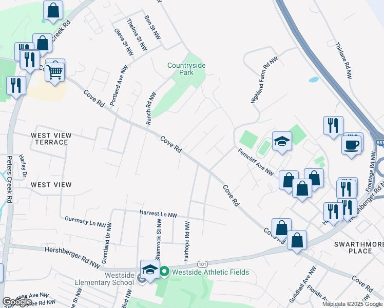 map of restaurants, bars, coffee shops, grocery stores, and more near 3816 Cove Road Northwest in Roanoke