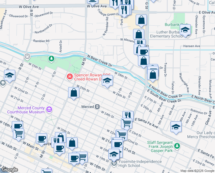 map of restaurants, bars, coffee shops, grocery stores, and more near 305 West 26th Street in Merced