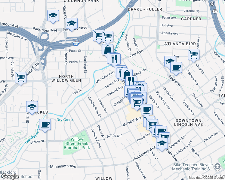 map of restaurants, bars, coffee shops, grocery stores, and more near 1147 Garfield Avenue in San Jose