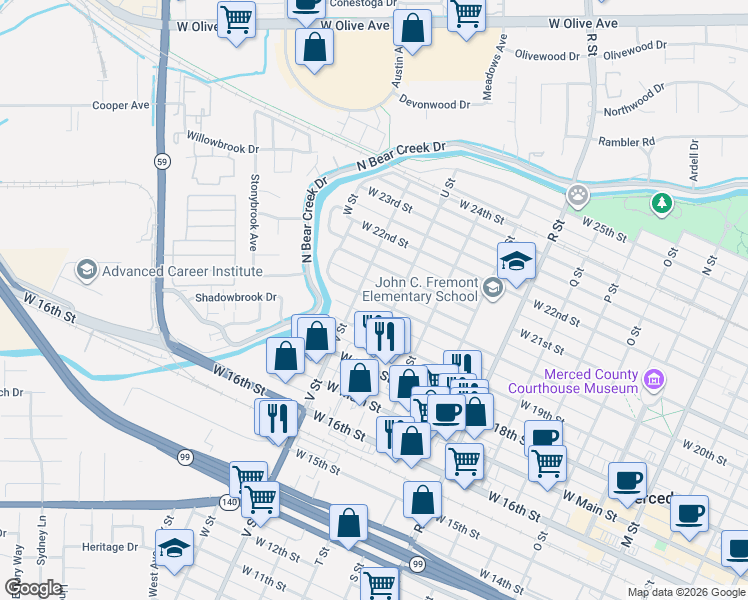 map of restaurants, bars, coffee shops, grocery stores, and more near 1454 West 20th Street in Merced