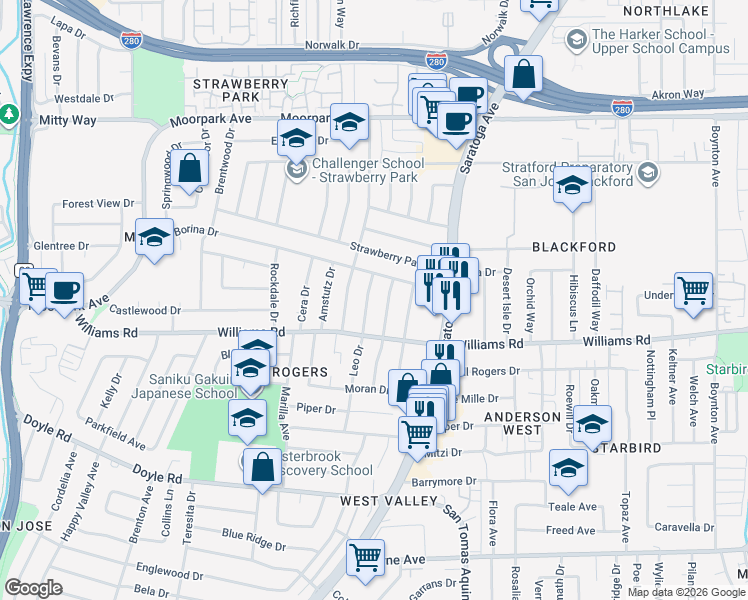map of restaurants, bars, coffee shops, grocery stores, and more near 974 Sweet Avenue in San Jose