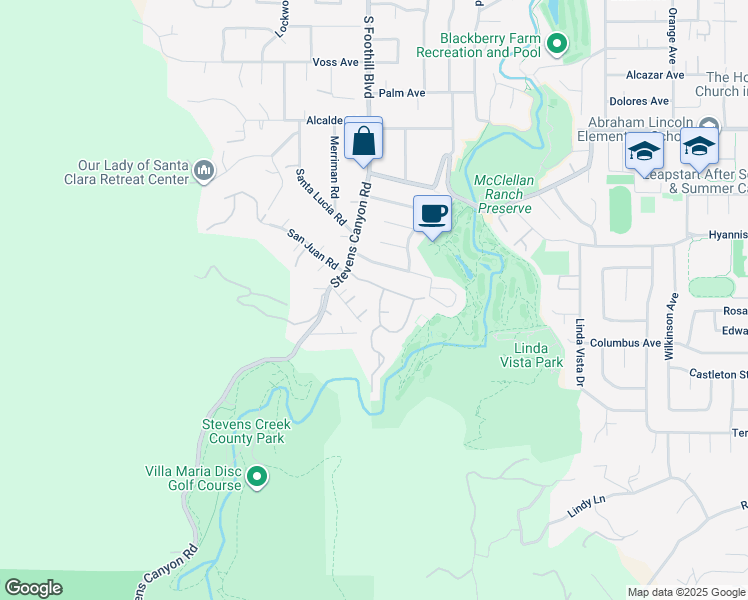map of restaurants, bars, coffee shops, grocery stores, and more near 10893 Canyon Vista Drive in Cupertino