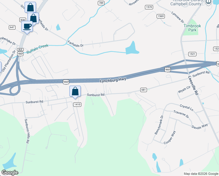 map of restaurants, bars, coffee shops, grocery stores, and more near 1509 Sunburst Road in Evington