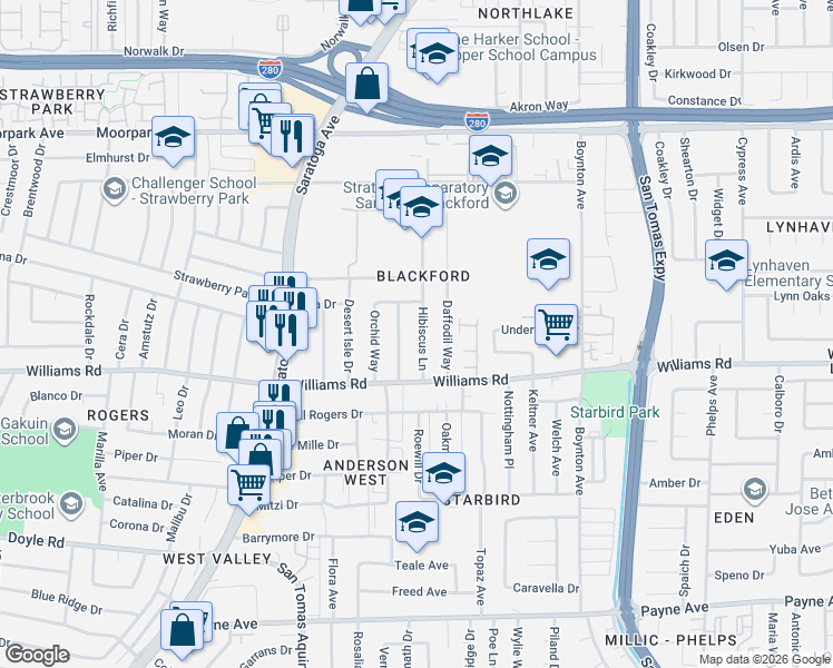 map of restaurants, bars, coffee shops, grocery stores, and more near 957 Hibiscus Lane in San Jose
