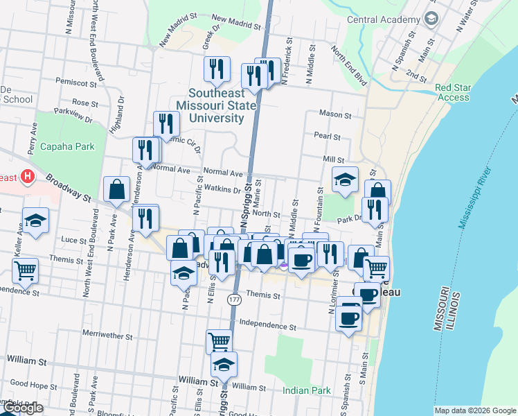 map of restaurants, bars, coffee shops, grocery stores, and more near 631 North Street in Cape Girardeau