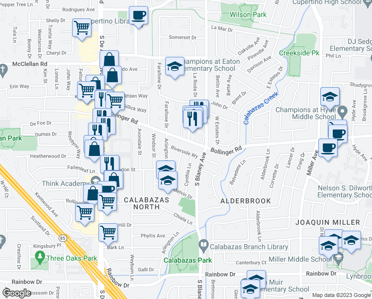 map of restaurants, bars, coffee shops, grocery stores, and more near 6895 West Riverside Way in San Jose