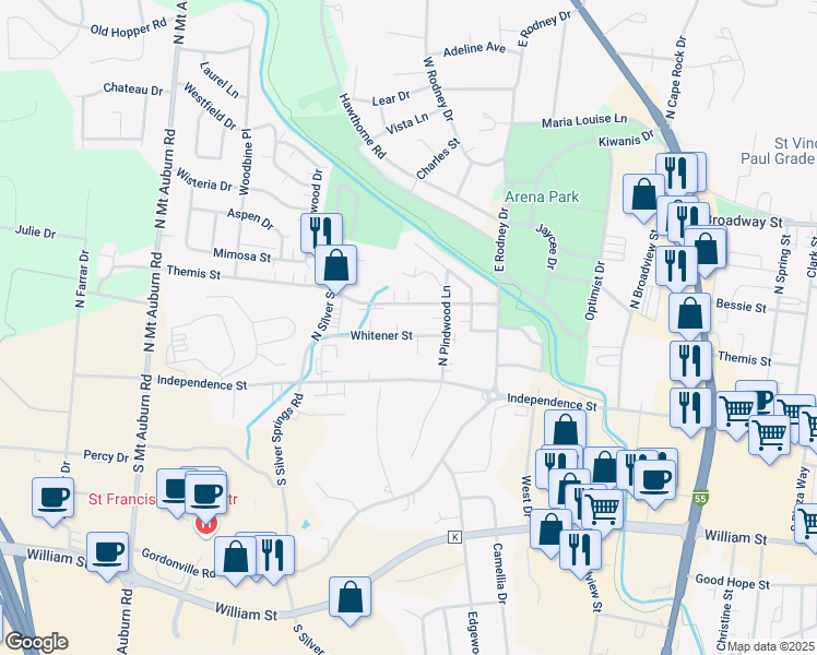 map of restaurants, bars, coffee shops, grocery stores, and more near 2830 Whitener Street in Cape Girardeau