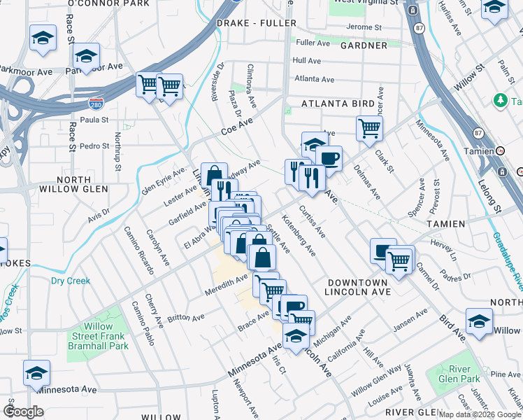 map of restaurants, bars, coffee shops, grocery stores, and more near 1087 Merle Avenue in San Jose