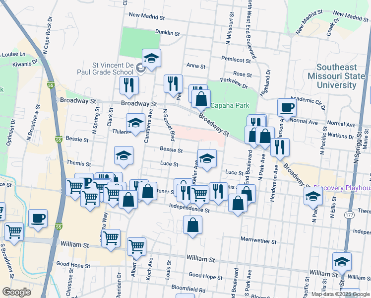 map of restaurants, bars, coffee shops, grocery stores, and more near 1616 Bessie Street in Cape Girardeau