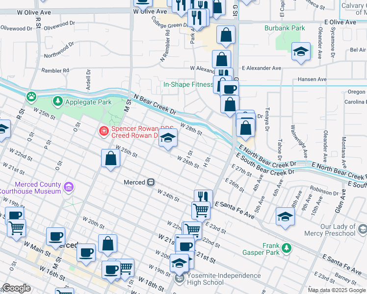 map of restaurants, bars, coffee shops, grocery stores, and more near 222 West 27th Street in Merced