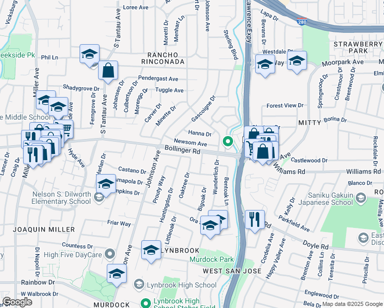 map of restaurants, bars, coffee shops, grocery stores, and more near 1002 Oaktree Drive in San Jose