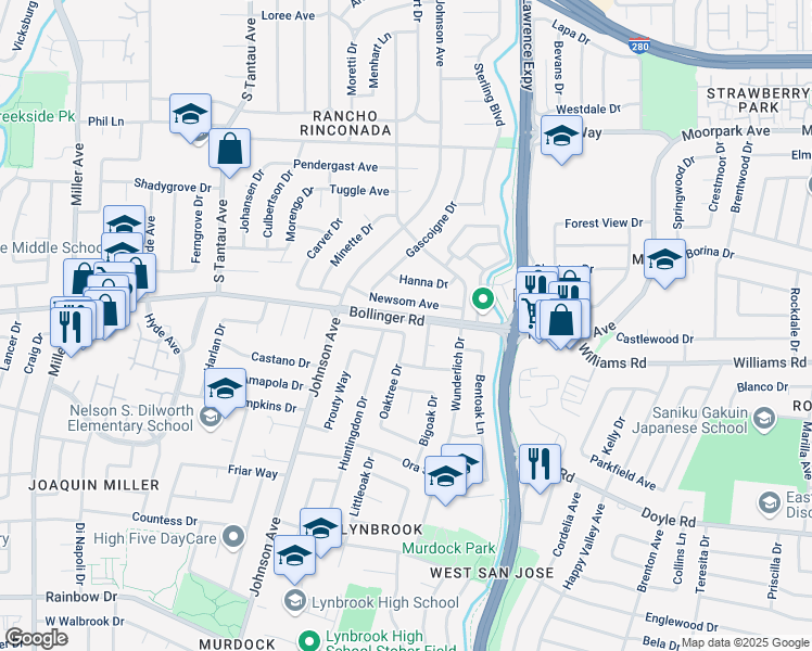 map of restaurants, bars, coffee shops, grocery stores, and more near 1002 Oaktree Drive in San Jose