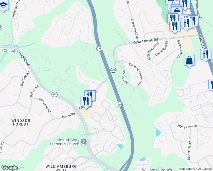 map of restaurants, bars, coffee shops, grocery stores, and more near 5312 Olde Towne Road in Williamsburg