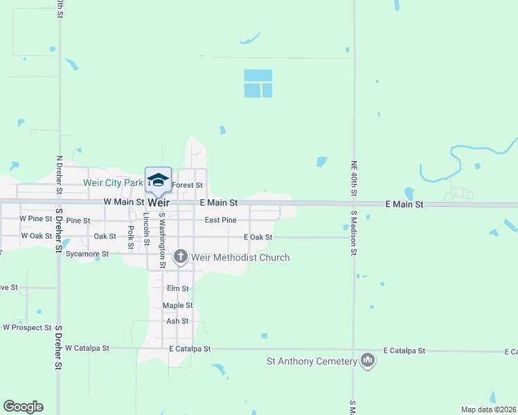 map of restaurants, bars, coffee shops, grocery stores, and more near 511 East Pine in Weir
