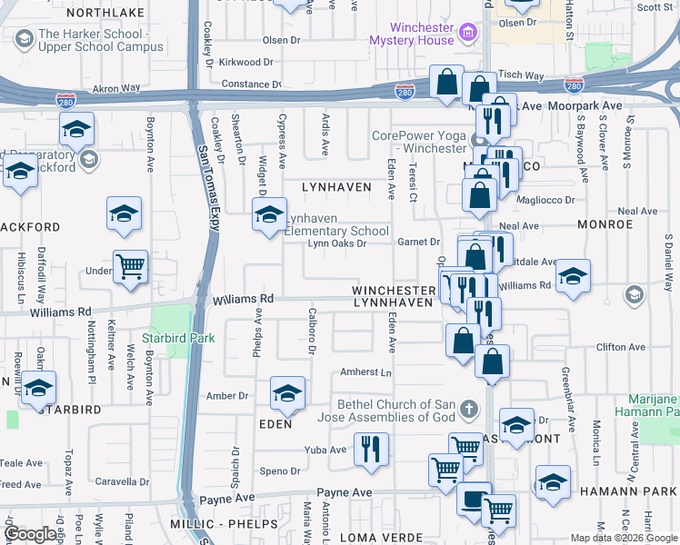 map of restaurants, bars, coffee shops, grocery stores, and more near 3382 Madonna Drive in San Jose