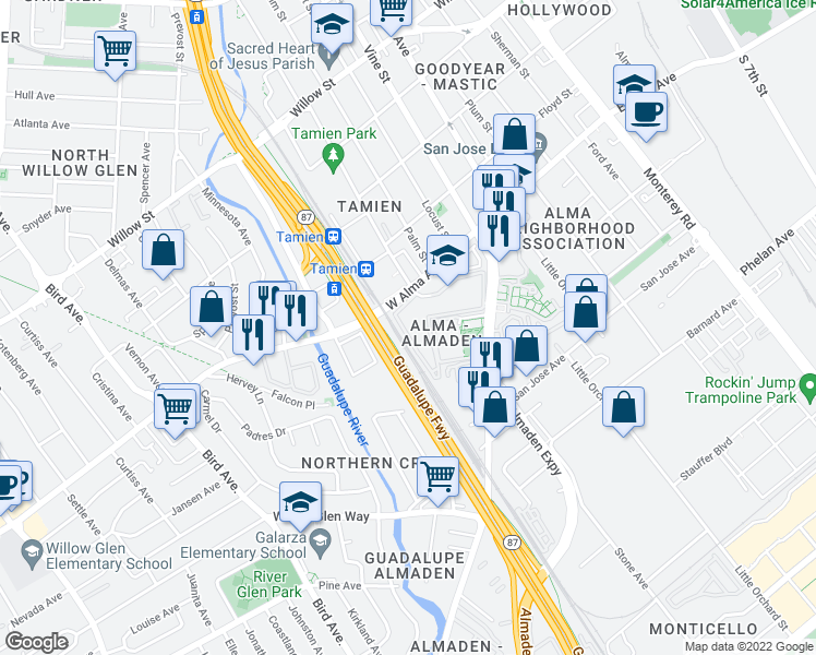 map of restaurants, bars, coffee shops, grocery stores, and more near 532 Shadowgraph Drive in San Jose