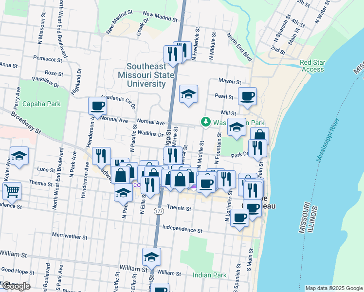 map of restaurants, bars, coffee shops, grocery stores, and more near 402 North Street in Cape Girardeau