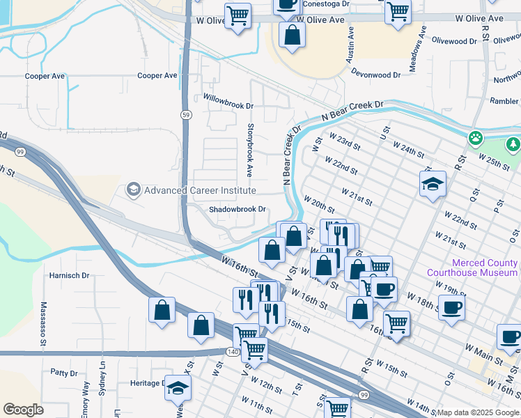 map of restaurants, bars, coffee shops, grocery stores, and more near 1862 Shadowbrook Drive in Merced