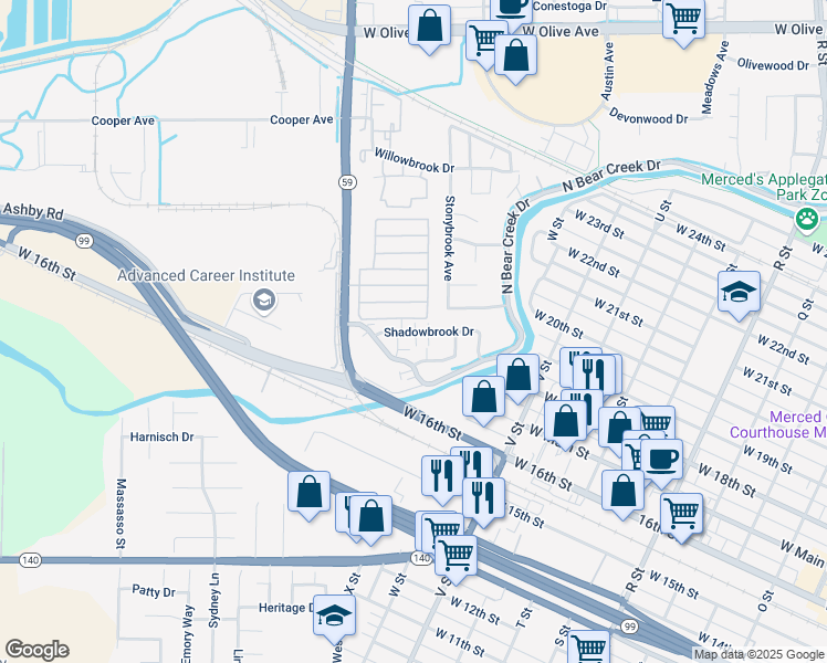 map of restaurants, bars, coffee shops, grocery stores, and more near 1932 Shadowbrook Drive in Merced