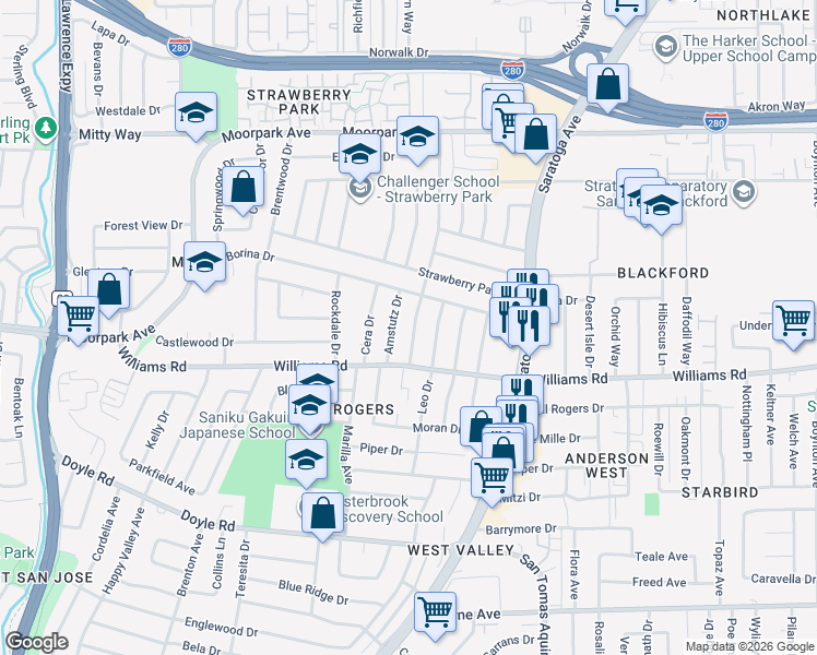 map of restaurants, bars, coffee shops, grocery stores, and more near 978 Pinewood Drive in San Jose