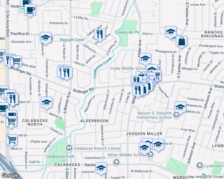 map of restaurants, bars, coffee shops, grocery stores, and more near 1014 Alderbrook Lane in San Jose