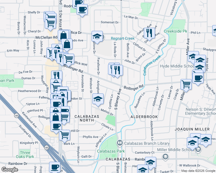 map of restaurants, bars, coffee shops, grocery stores, and more near 6895 Riverside Way in San Jose