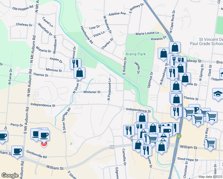 map of restaurants, bars, coffee shops, grocery stores, and more near 36 North Pindwood Lane in Cape Girardeau