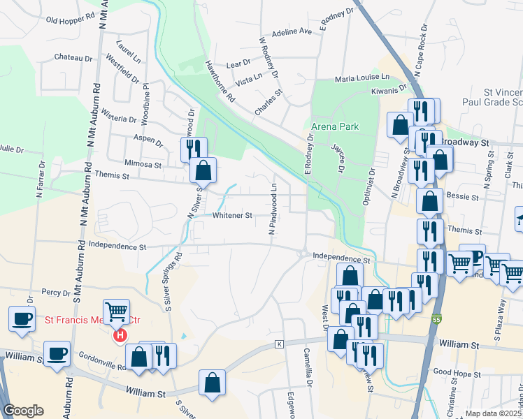 map of restaurants, bars, coffee shops, grocery stores, and more near 2825 Whitener Street in Cape Girardeau