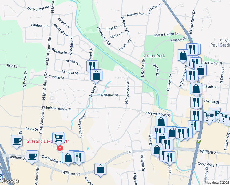 map of restaurants, bars, coffee shops, grocery stores, and more near 2825 Whitener Street in Cape Girardeau