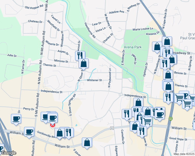 map of restaurants, bars, coffee shops, grocery stores, and more near 2825 Whitener Street in Cape Girardeau