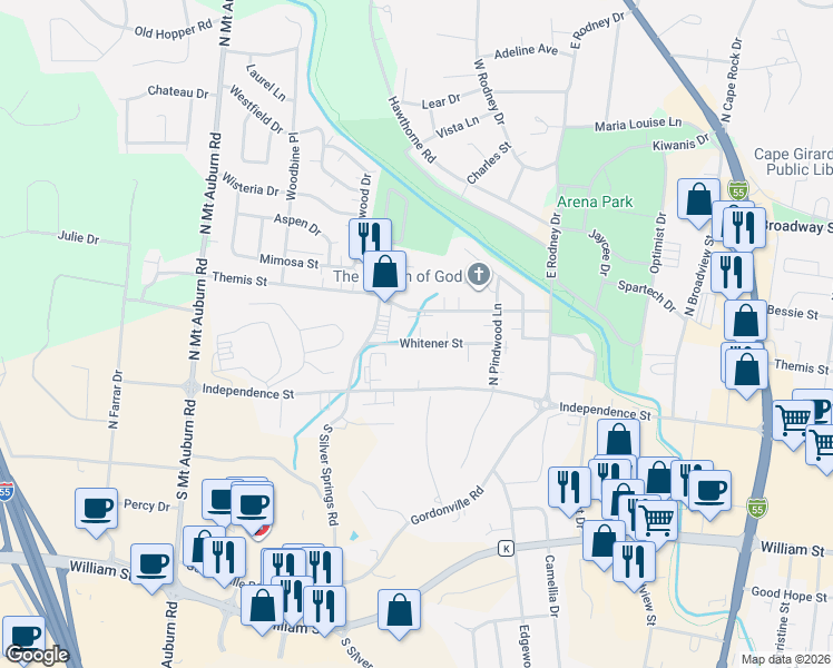 map of restaurants, bars, coffee shops, grocery stores, and more near 2850 Whitener Street in Cape Girardeau