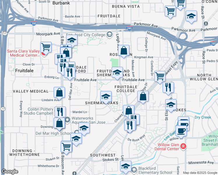 map of restaurants, bars, coffee shops, grocery stores, and more near 1800 Fruitdale Avenue in San Jose