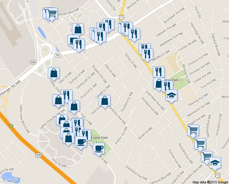 map of restaurants, bars, coffee shops, grocery stores, and more near 4524 Rutgers Ave NW in Roanoke