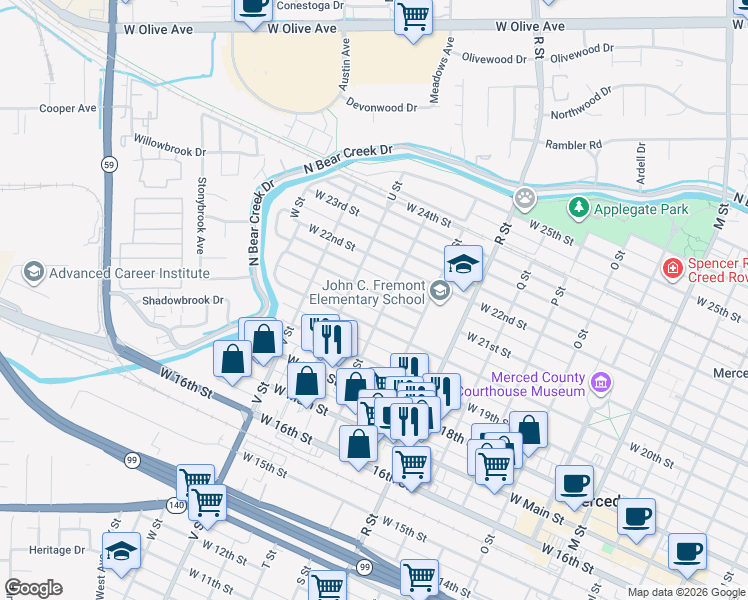 map of restaurants, bars, coffee shops, grocery stores, and more near 1320 West 21st Street in Merced