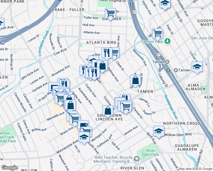 map of restaurants, bars, coffee shops, grocery stores, and more near 1180 Bird Avenue in San Jose