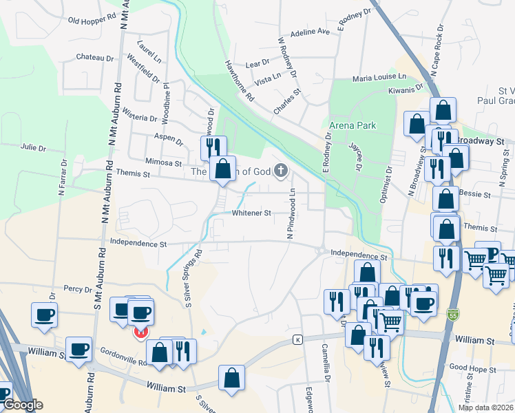 map of restaurants, bars, coffee shops, grocery stores, and more near 2842 Whitener Street in Cape Girardeau