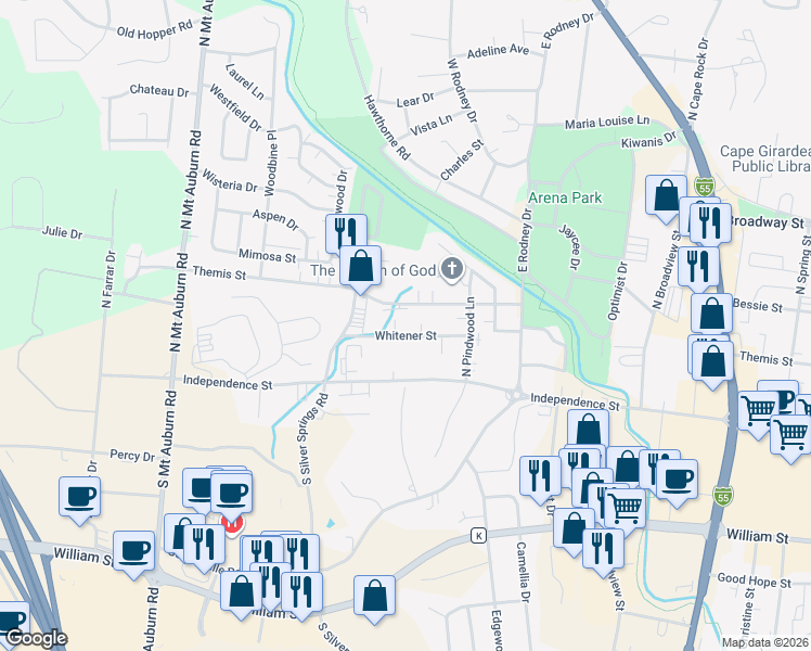 map of restaurants, bars, coffee shops, grocery stores, and more near 2846 Whitener Street in Cape Girardeau