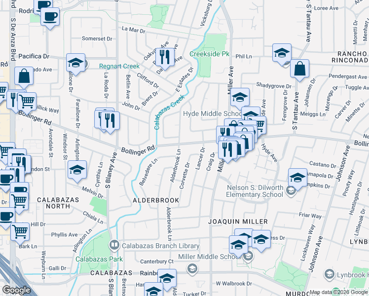 map of restaurants, bars, coffee shops, grocery stores, and more near 6482 Bollinger Road in San Jose