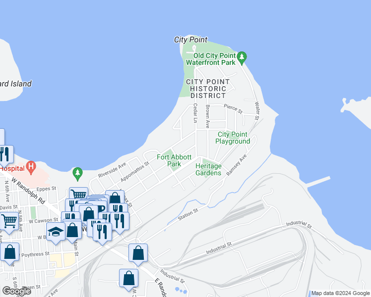 map of restaurants, bars, coffee shops, grocery stores, and more near 807 East Cawson Street in Hopewell