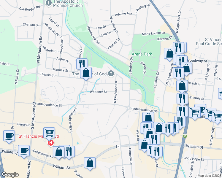 map of restaurants, bars, coffee shops, grocery stores, and more near 2814 Whitener Street in Cape Girardeau