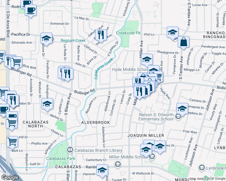 map of restaurants, bars, coffee shops, grocery stores, and more near 1014 Alderbrook Lane in San Jose