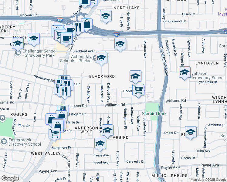 map of restaurants, bars, coffee shops, grocery stores, and more near 960 Daffodil Way in San Jose