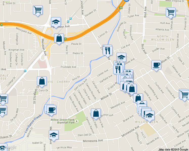 map of restaurants, bars, coffee shops, grocery stores, and more near 89 Lester Avenue in San Jose