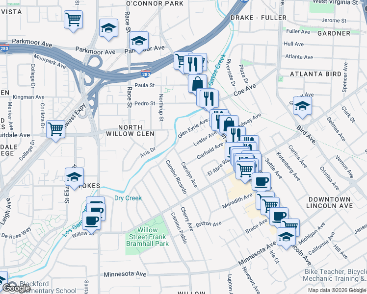 map of restaurants, bars, coffee shops, grocery stores, and more near 89 Lester Avenue in San Jose