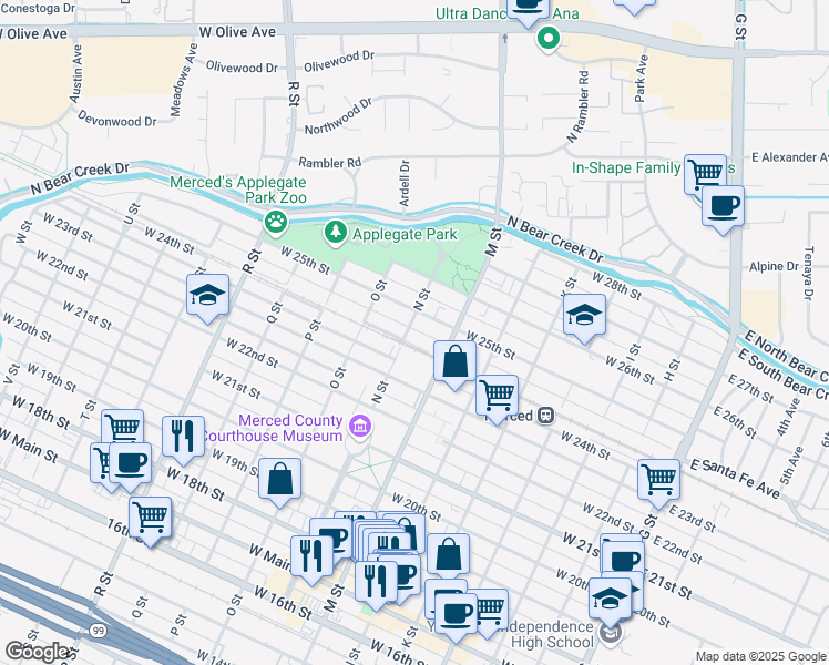 map of restaurants, bars, coffee shops, grocery stores, and more near 2430 N Street in Merced