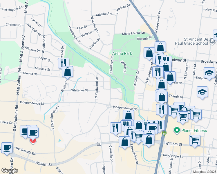 map of restaurants, bars, coffee shops, grocery stores, and more near 121 East Rodney Drive in Cape Girardeau