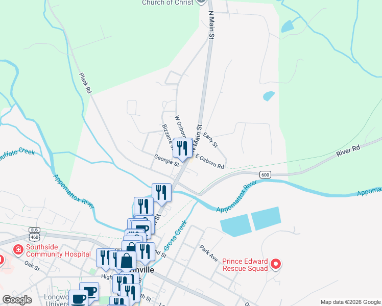 map of restaurants, bars, coffee shops, grocery stores, and more near 710 North Main Street in Farmville