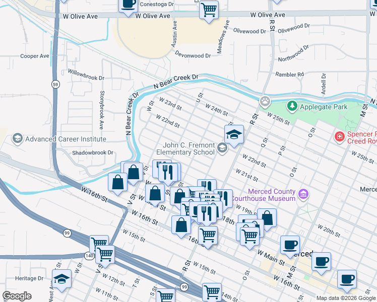 map of restaurants, bars, coffee shops, grocery stores, and more near 1320 West 21st Street in Merced