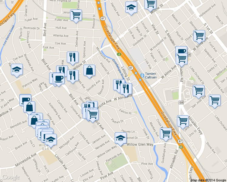map of restaurants, bars, coffee shops, grocery stores, and more near in San Jose