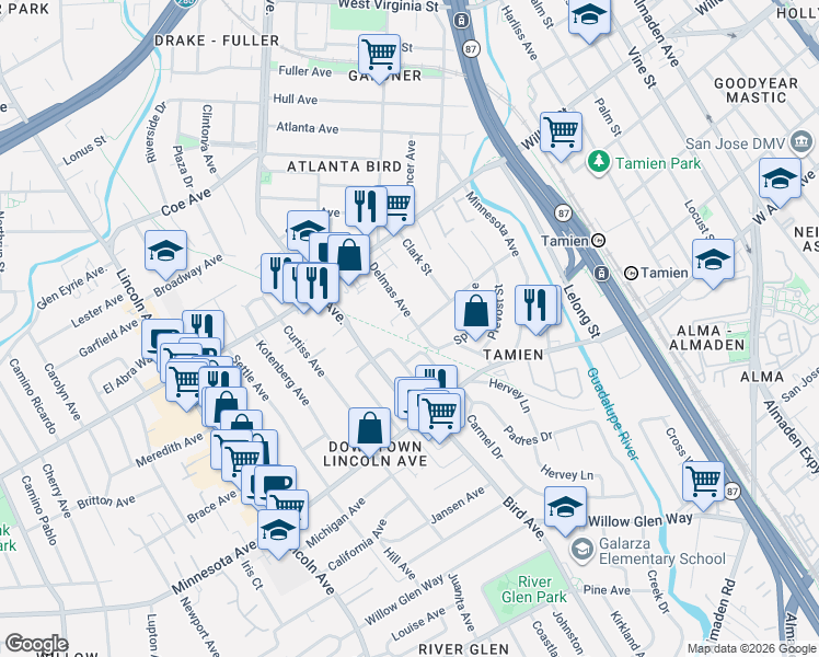 map of restaurants, bars, coffee shops, grocery stores, and more near 1269 Delmas Avenue in San Jose